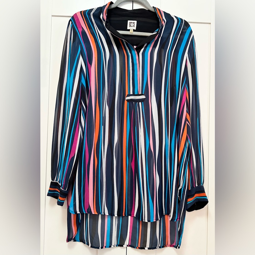 Anne Klein Vibrant Striped Multi Colored Chiffon Blouse Black Sz 12 FIRM!